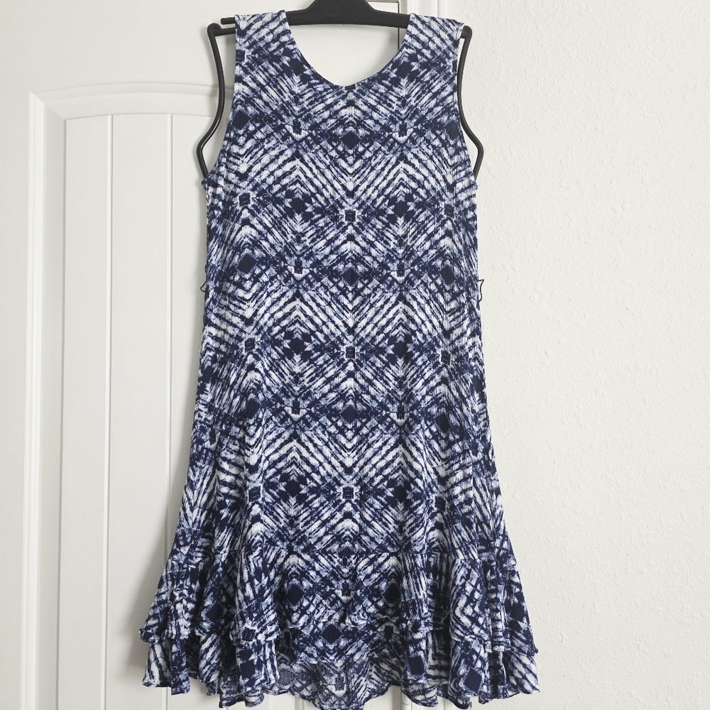 R&K Navy & White Sleeveless Ruffle Hem Dress Size Medium